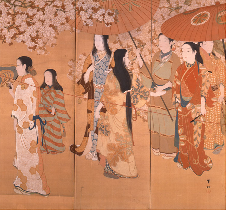 今村紫紅《護花鈴》（六曲屏風一双〔図は部分〕、明治44 年〔1911〕、170.2×364.4 ㎝〔各隻〕、霊友会妙一コレクション所蔵）※会期中展示替えあり