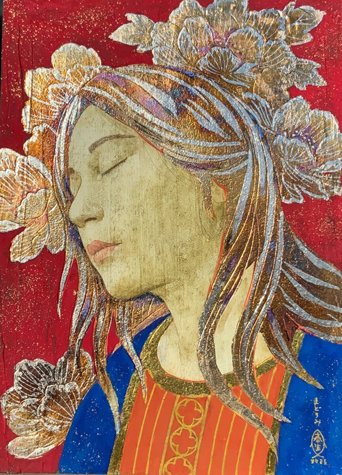 まどろみ」</span><br />F4号、板に箔、岩絵の具、アクリル絵具