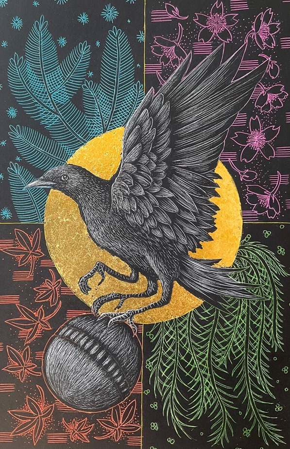 「八咫烏蹴鞠遊（やたがらすけまりあそび）」9×14cm、スクラッチ、箔