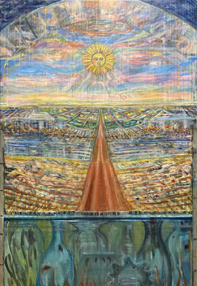 《Kiln -red path》oil, pastel and sand on canvas 2025