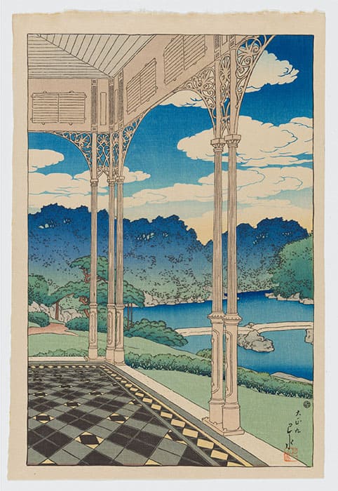 川瀬 巴水《三菱深川別邸の図　洋館より庭園を望む》大正9（1920）年　スミソニアン国立アジア美術館　
© National Museum of Asian Art, Smithsonian Institution, Robert O. Muller Collection　版元：渡邊木版美術画舗