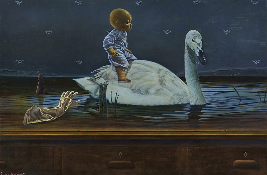 川口起美雄《机の上の旅》2025年　テンペラ、油彩、板　個人蔵