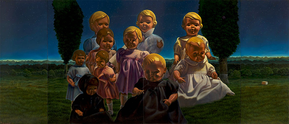 川口起美雄《セルロイドの羊たち》2025年　テンペラ、油彩、板　個人蔵