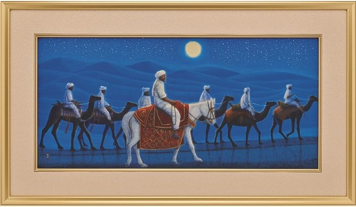 平山郁夫「アフガニスタンの砂漠を行く・月-特装版-」彩美版®美術複製画 技法:彩美版®シルクスクリーン併用、一部本金泥使用 制作年:2023年 制作数:300部 イメージサイズ:(約)37.8×80.3cm 額サイズ:(約)58.5×101.5×厚さ5cm