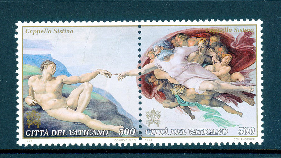 切手「アダム」の図像例（「システィーナ礼拝堂修復」アダムの創造（部分）/バチカン/1994）郵政博物館収蔵