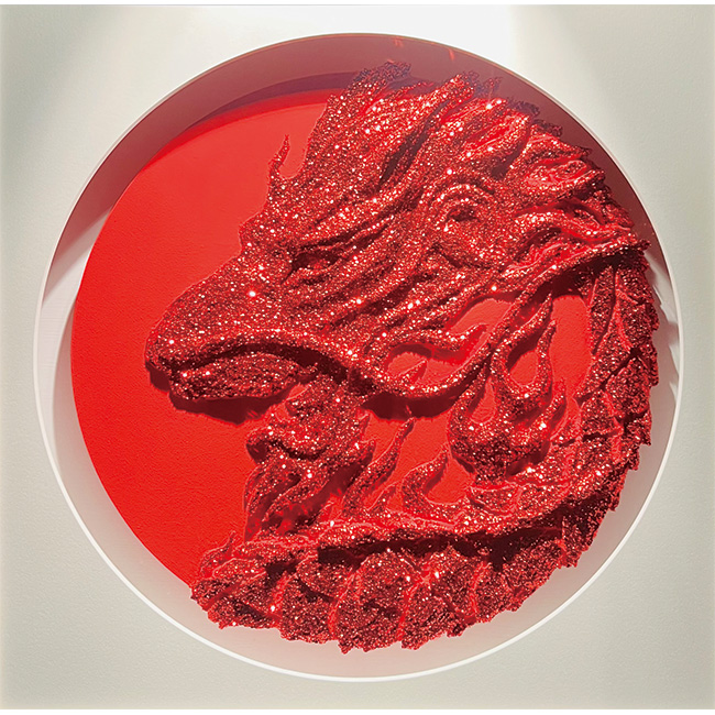 「赤龍 」
40㎝円形
モデリングペースト/メディウム/ホログラム/アクリル