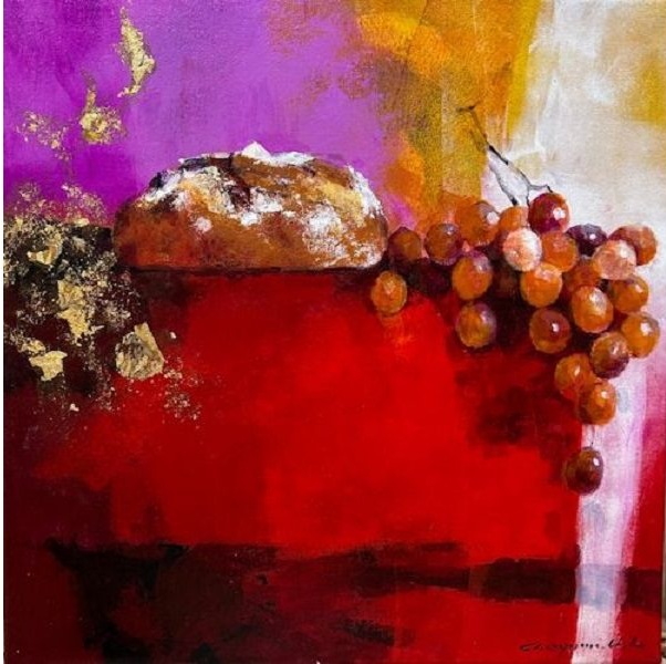 【パンと葡萄】 油彩、40cm角