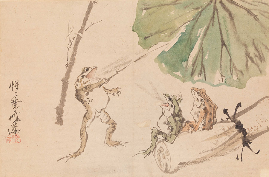 河鍋暁斎《蛙の学校》明治零年代中頃（1870年代前半）紙本着彩　イスラエル・ゴールドマン・コレクション　Photo: Ken Adlard