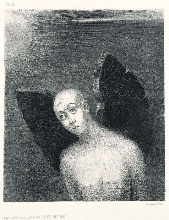 オディロン・ルドン《堕天使はその時黒い翼を開いた》(石版画集『夜』Ⅲ)1886年　リトグラフ・紙　三菱一号館美術館