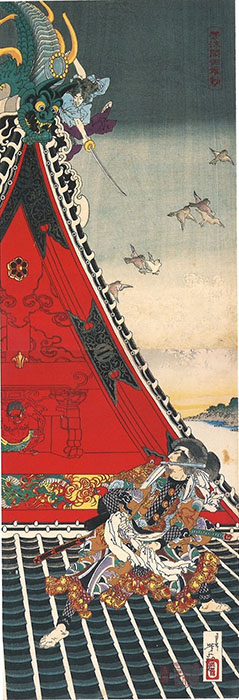 月岡芳年「芳流閣両雄動」大判錦絵竪2枚続　明治20年（1887）　個人蔵「八犬伝」の名場面、芳流閣で犬塚信乃と犬飼現八が戦う場面。