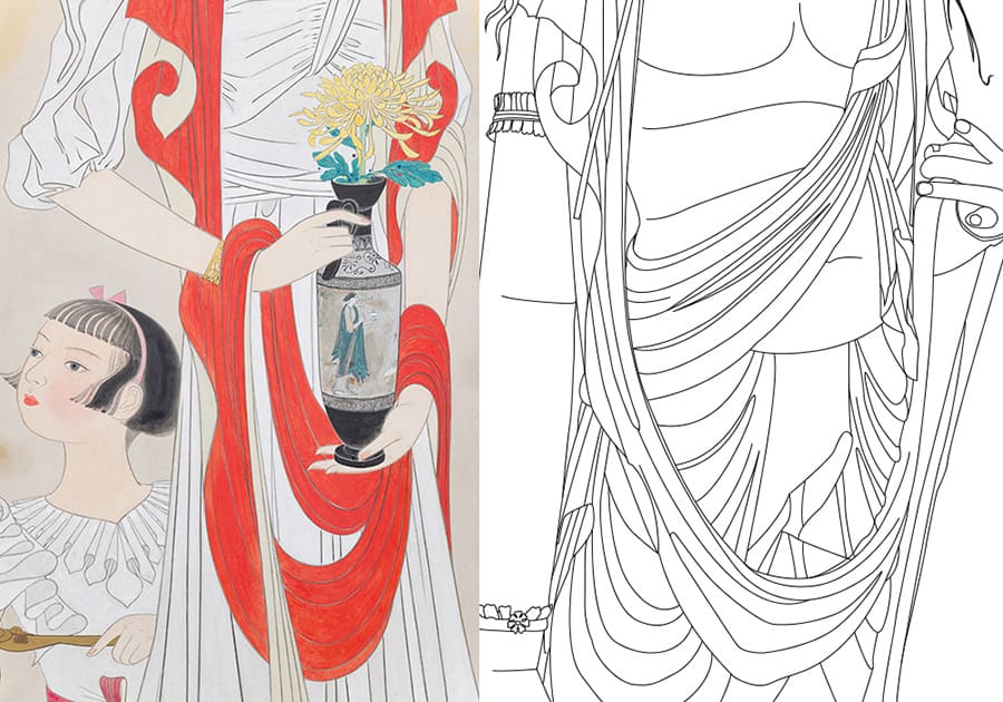 丸井金猊《観音圖*》 部分と引用源とされる法華寺十一面観音像の部分線画