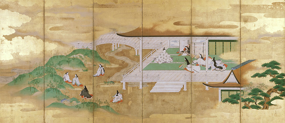 源氏物語図屏風（右隻）　狩野常信筆　六曲一双　紙本金地著色　江戸時代　相国寺蔵（I期）