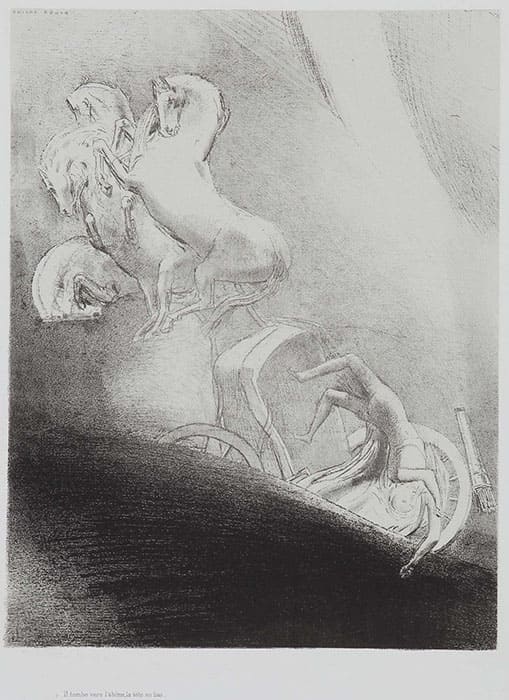 オディロン・ルドン《かれはまっさかさまに深淵へおちてゆく》(石版画集『聖アントワーヌの誘惑』第3集17)1896年　リトグラフ・紙　和歌山県立近代美術館