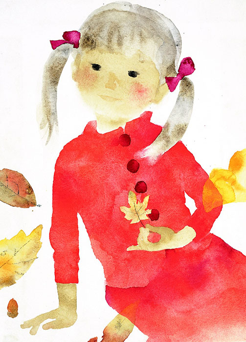 いわさきちひろ 枯れ葉と赤い服の少女 1971年