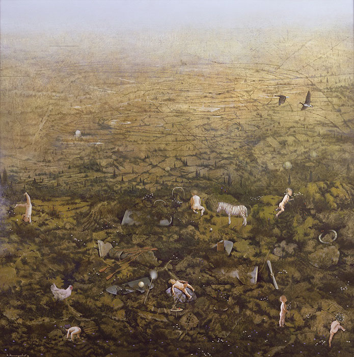 川口起美雄《故郷を喪失したものたち》1982年　テンペラ、油彩、板　東京オペラシティ アートギャラリー蔵