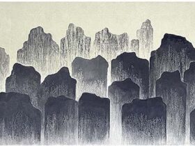 「景」120×350cm 松原氏の描く山や渓谷は、外から眺めた風景ではなく、自然の中に分け入ることによって、心象と実感が一致して生まれた風景である。