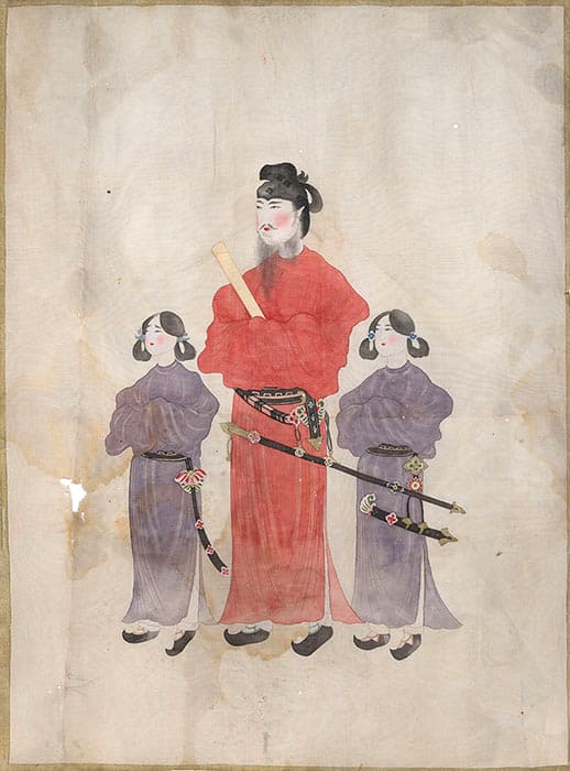 丸井金猊《唐本御影写 聖徳太子二童子像*》 昭和3年（1928）　絹本彩色, 額　50.8×38.5cm　伝世舎により修復予定