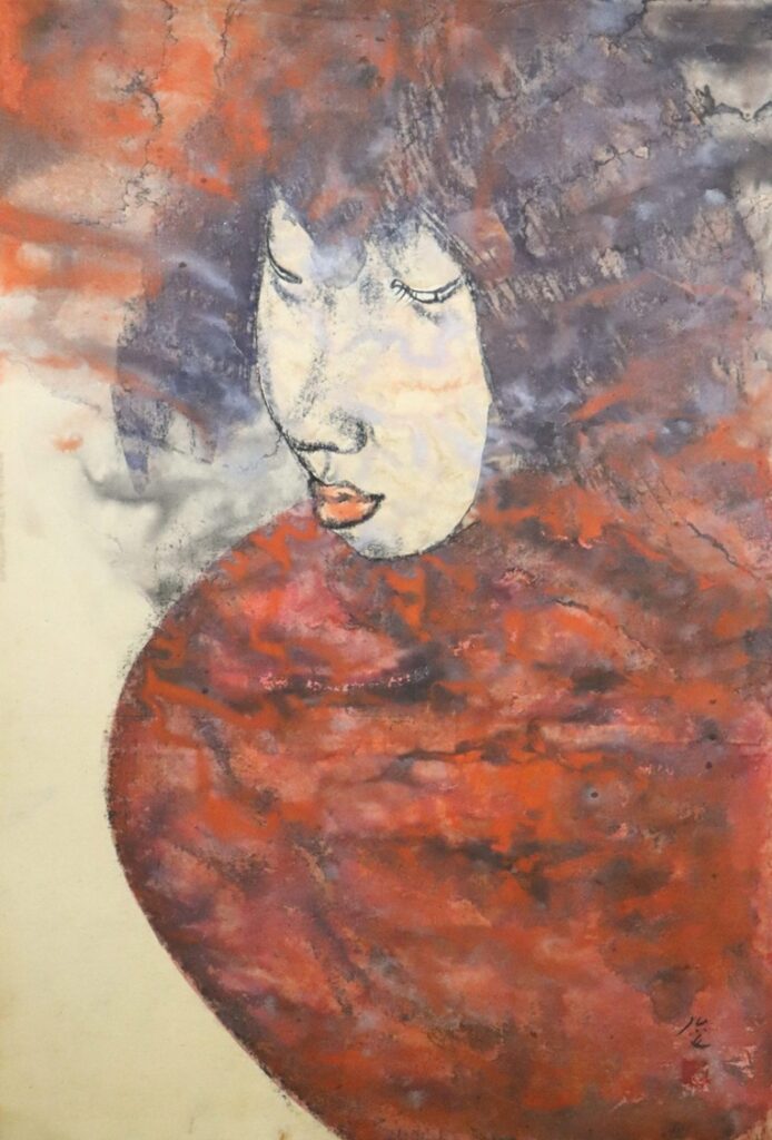 丸木俊「赤い服を着た女」1970年代 44×30㎝ コンテ、水彩