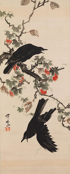 河鍋暁斎《烏瓜に二羽の鴉》明治4～22（1871-89）年　絹本着彩　イスラエル・ゴールドマン・コレクション　Photo: Ken Adlard
