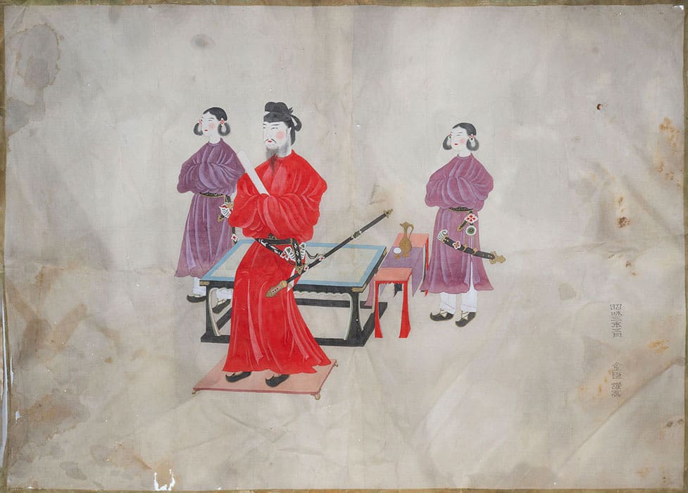 丸井金猊《聖徳太子二童子像*》 昭和3年（1928）　絹本彩色, 額　50.8×70.0cm　伝世舎により修復予定