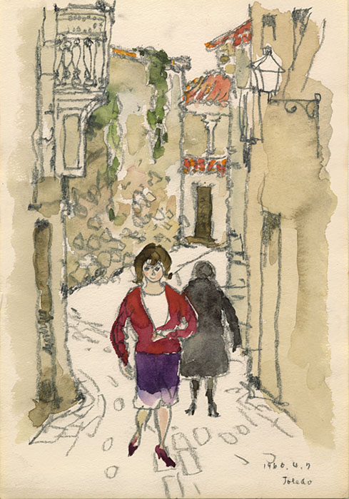 いわさきちひろ トレド 石畳の道を歩く女 1966年4月7日