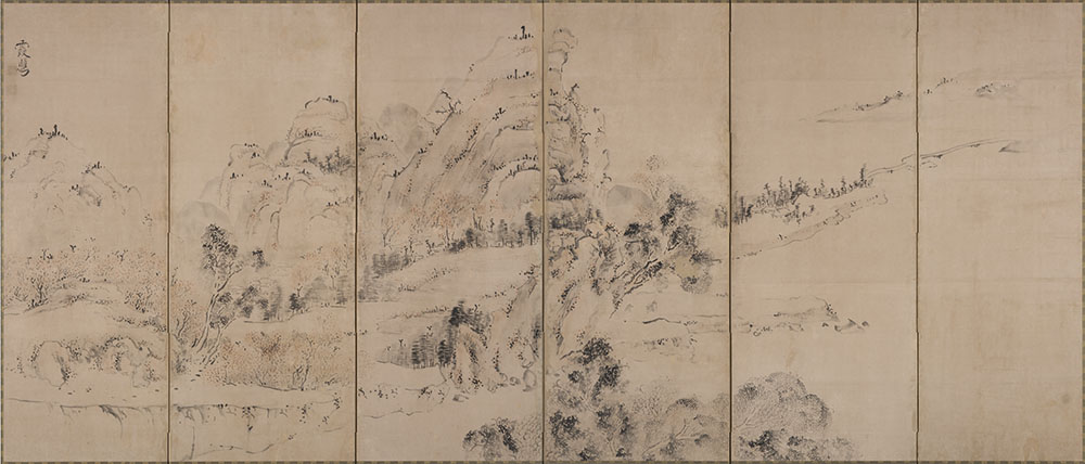 渓亭春興・秋山行楽図屏風（左隻）　池大雅筆　六曲一双　紙本淡彩　江戸時代　慈照寺蔵（I期）