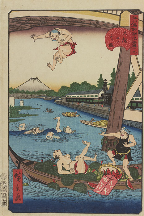 歌川広景　江戸名所道化尽　十九　大橋の三ツ股