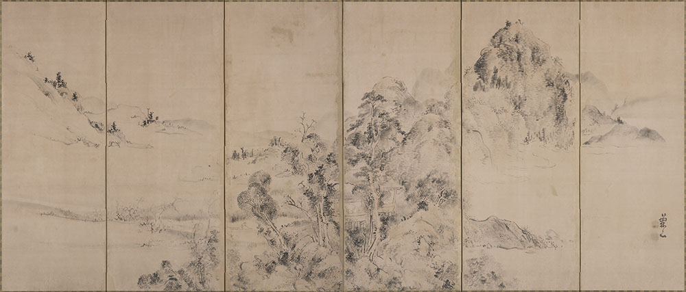 渓亭春興・秋山行楽図屏風（右隻）　池大雅筆　六曲一双　紙本淡彩　江戸時代　慈照寺蔵（I期）