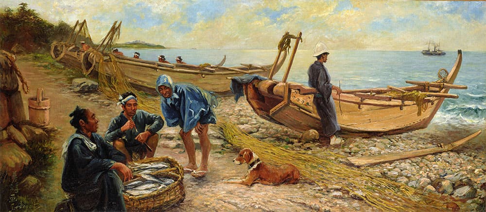 ジョルジュ・ビゴー《熱海の海岸》あるいは《熱海にて、日本の漁師たち》1888年頃 宇都宮美術館