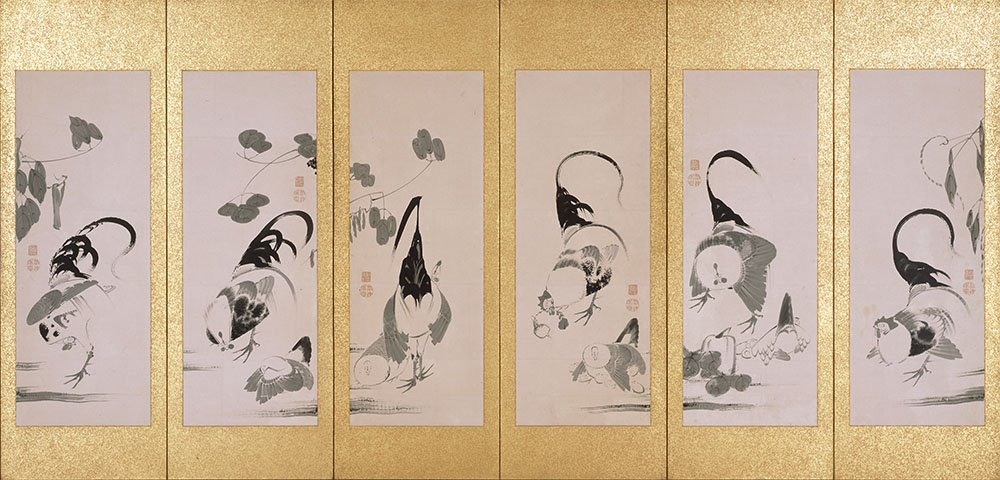 群鶏蔬菜図押絵貼屏風（右隻）　伊藤若冲筆　六曲一双　紙本墨画　江戸時代　相国寺蔵（II期）