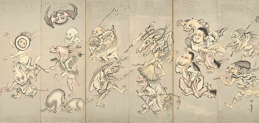 河鍋暁斎《百鬼夜行図屏風（右隻）》明治4-22（1871-89）年　紙本着彩　イスラエル・ゴールドマン・コレクション　写真協力：立命館大学アート・リサーチセンター