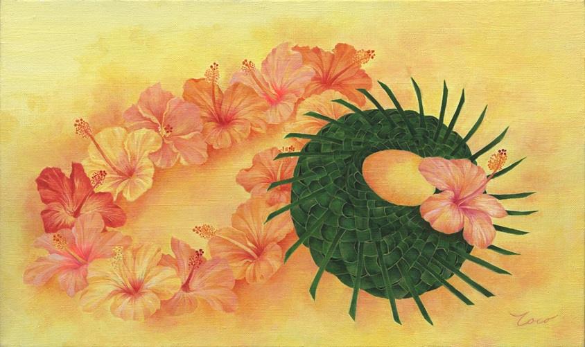 「椰子の葉の帽子とハイビスカス」

27.3×45.5㎝

アクリル