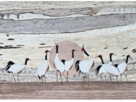 早春の舞（Ⅱ） 技法　　：木象嵌 素材　　：天然木(クロカキ・クルミ・ハン・ソヨゴ・コクタン・カリン) サイズ　：高さ40×幅70cm