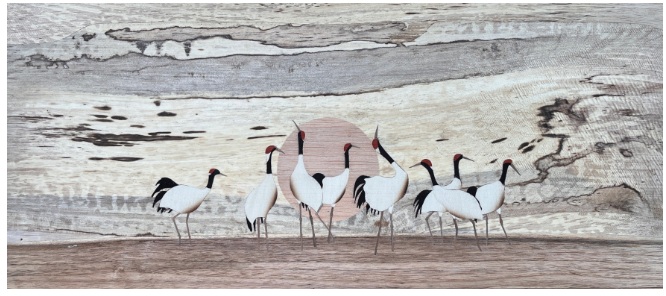 早春の舞（Ⅱ） 技法　　：木象嵌 素材　　：天然木(クロカキ・クルミ・ハン・ソヨゴ・コクタン・カリン) サイズ　：高さ40×幅70cm