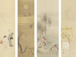 左から「月下盆踊り図」上村松園、「梅月之図」福田太華、「柳下美人図」大石真虎、「月下芭蕉兎之図」狩野典信