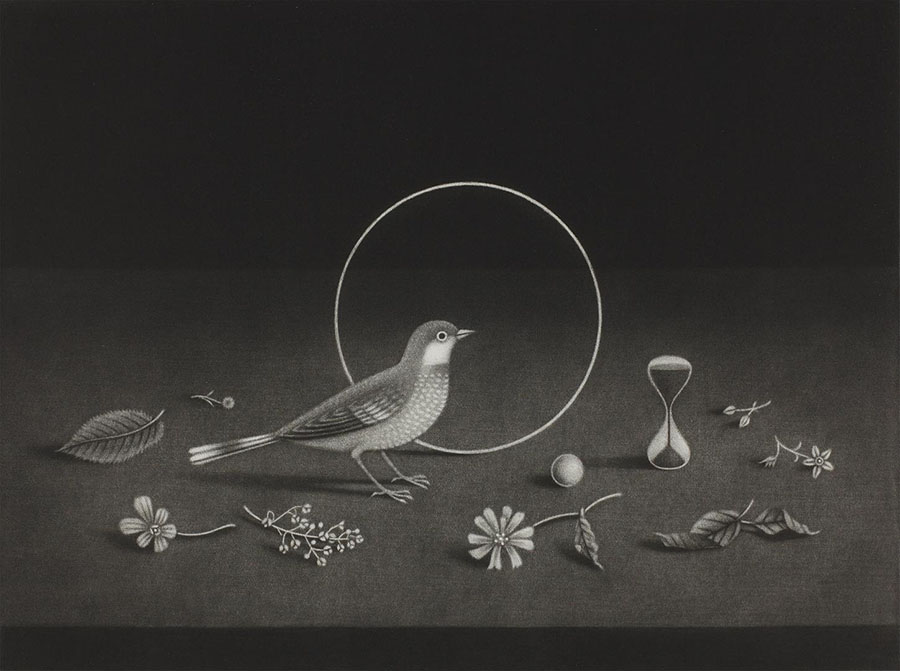 長谷川潔《時 静物画》1969年、メゾチント、町田市立国際版画美術館蔵