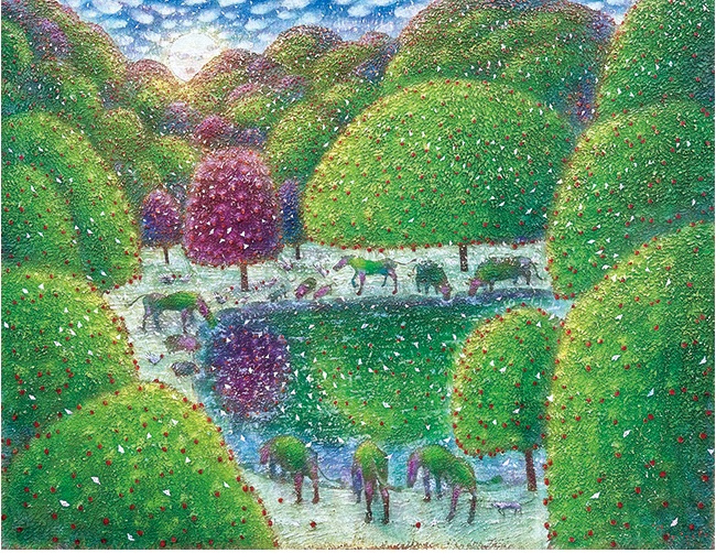 『幸せな朝の林檎の森と池に集う生き物たち』 F80号 油彩・キャンバス 2024年