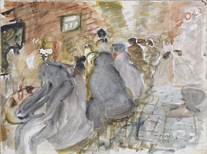 バーにて　　水彩　　23.4x24.3cm1966年頃　23.0×30.5 cm