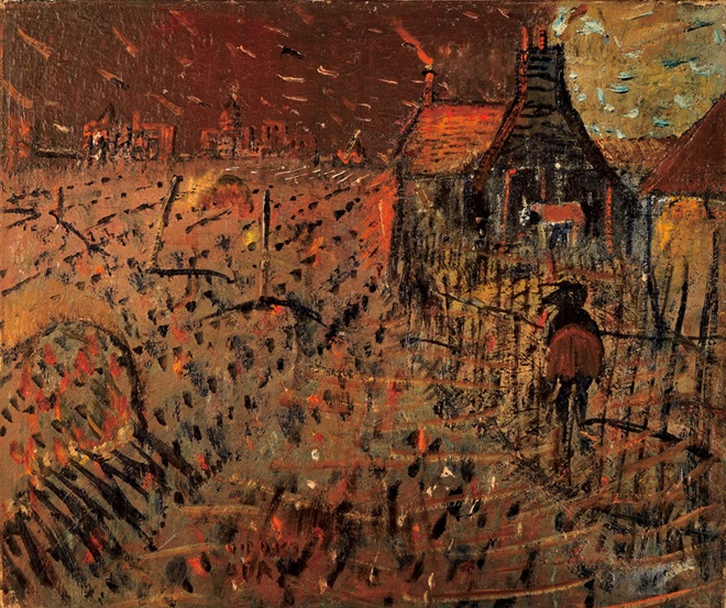 煙突のある風景　　1960年頃　油彩　53.0×45.5 cm