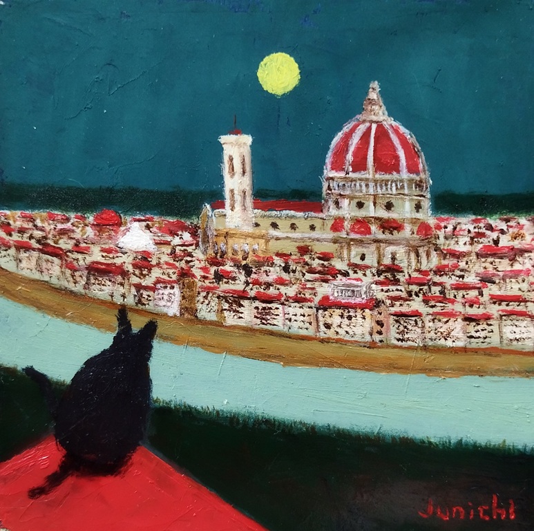 「黒猫のいる風景・フィレンツェ」</span><br />オイルオンペーパー、10×10cm
