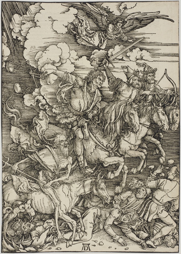 アルブレヒト・デューラー《四人の騎手》『黙示録』5、1497/98年頃、1511年出版（ラテン語版再版）、木版、国立西洋美術館