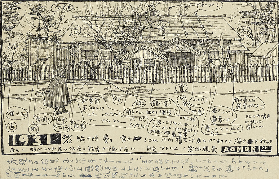 今純三《考現学調査葉書 自宅アトリエノ窓外風景》1931年 工学院大学学術情報センターエ手の泉蔵