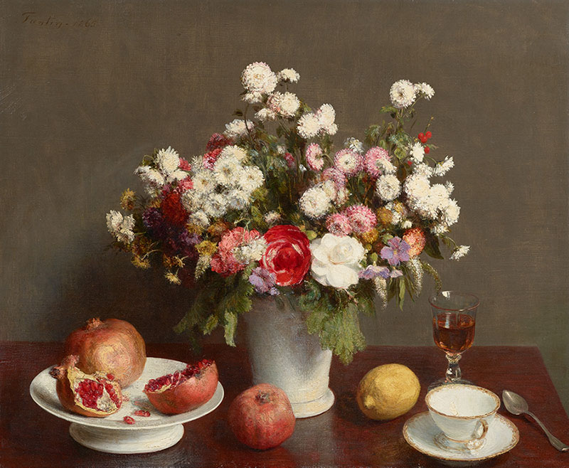 アンリ・ファンタン=ラトゥール《静物（花、果物、ワイングラスとティーカップ）》1865年　油彩/カンヴァス　石橋財団アーティゾン美術館