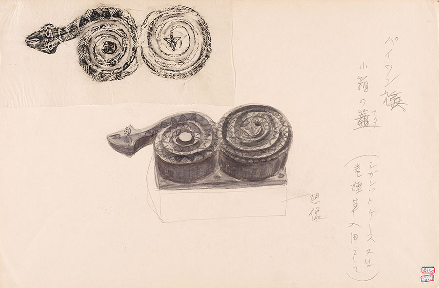 山本鼎《スケッチ パイワン族 小箱の蓋(百歩蛇)》1924年 上田市立美術館蔵