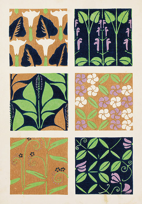 杉浦非水〔右上より〕《たつなみそう》《てうせんあさがほ》《フロックス》《おほばこ》《スヰートピー》《わすれなぐさ》(部分)『非水月刊図按』第1巻第1号 1918年、金尾文淵堂