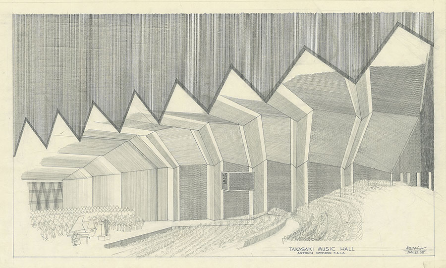 アントニン・レーモンド「群馬音楽センター内観透視図」1958年 レーモンド設計事務所蔵
©The Raymond Family