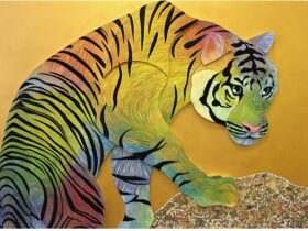 「虎視眈々」 1030×728㎜ アクリル絵具 スチレンボード アルミテープ