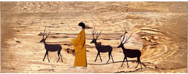 飛鳥への遣い（Ⅱ）
技法　　：木象嵌
素材　　：天然木（クロカキ・コクタン・サクラ・ホオ・キハダ・ジンダイカツラ）
サイズ　：高さ40×幅72cm