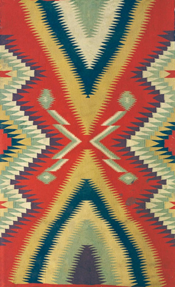 ブランケット　北アメリカ先住民　ナバホ族　毛、綴織　19世紀後半　99.8×60.7cm（『民藝』第63号原色版掲載）　日本民藝館蔵