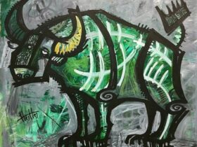 【 BUE & NOCE 】 技法：アクリル、マーカー、油性鉛筆 木製パネル イメージサイズ：F20号（60.6×72.7cm）